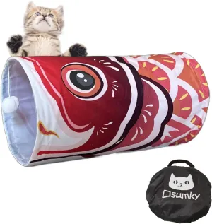 Cat Tunnel with Fish Design, Plush Toy Ball, Easy to Clean, Collapsible, Hide & Seek Play, Self-Entertainment Toy (Radiant Red, S (17.72 x 9.84 inch))