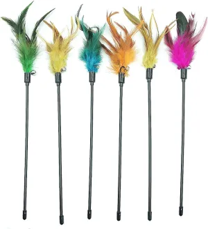 Cat Wands, 6 PCS Natural Feather Stick Interactive Kitten Toys with Bell Safe Cat Teaser Wand for Indoor, All Breed Sizes