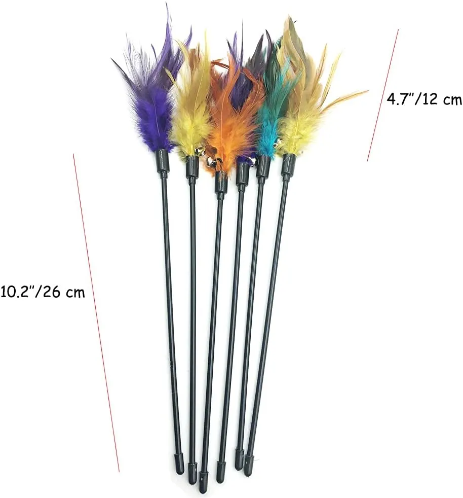 Cat Wands, 6 PCS Natural Feather Stick Interactive Kitten Toys with Bell Safe Cat Teaser Wand for Indoor, All Breed Sizes
