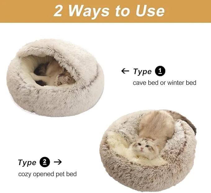 Cave-Themed Pet Bed for Cats & Dogs - Plush Donut Design, Hooded Calming Comfort, Black, Washable with Waterproof Base (23.6"x23.6")
