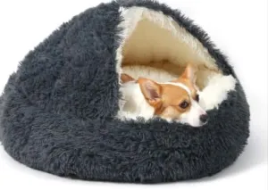 Cave-Themed Pet Bed for Cats & Dogs - Plush Donut Design, Hooded Calming Comfort, Black, Washable with Waterproof Base (23.6"x23.6")
