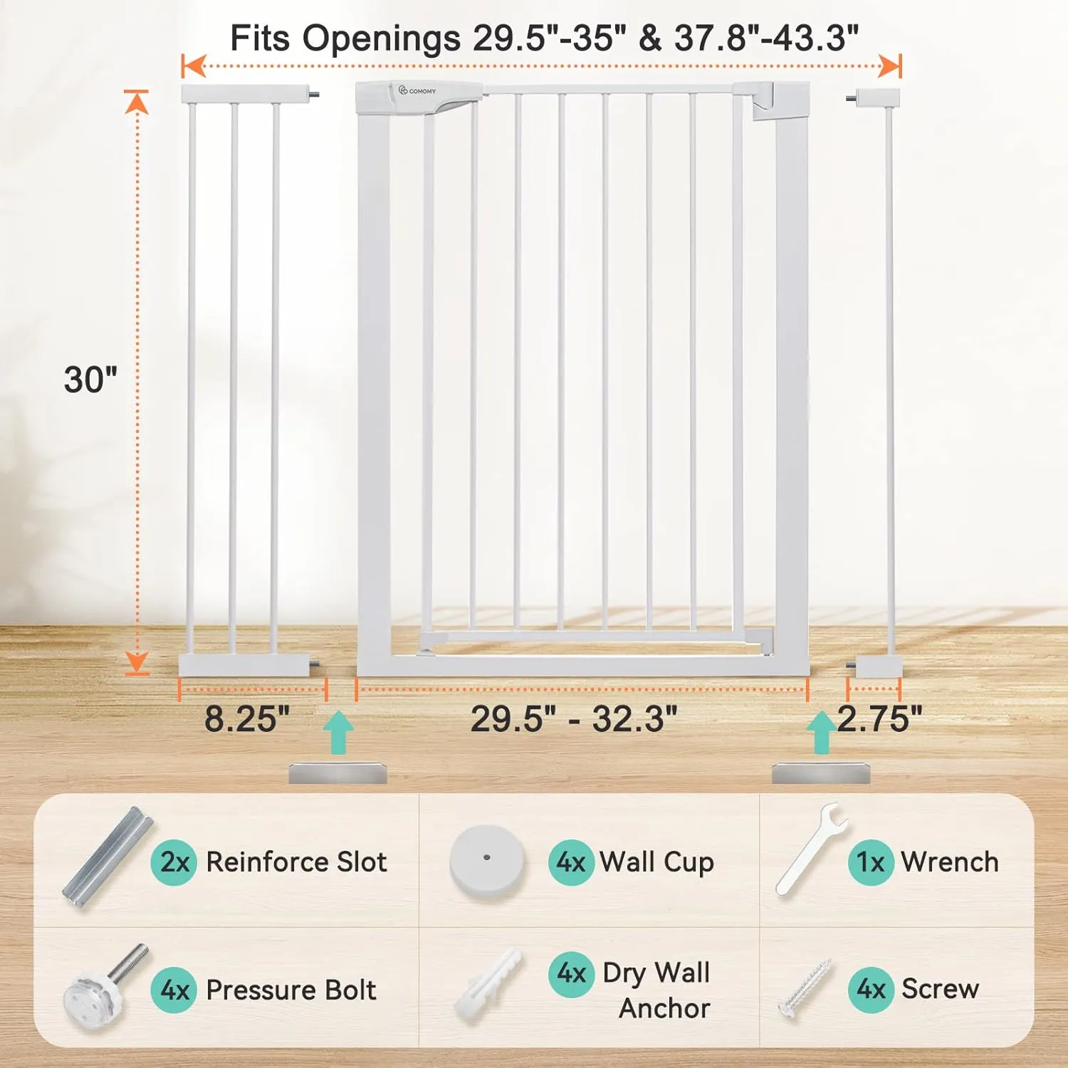 COMOMY 29.5-43.3" Baby Gate Extra Wide for Stairs Doorways, Auto Close Dog Gates for The House, Pet Gates with Walk Through Door, SturdyMetal Pressure Mounted Safety Child Gate, White