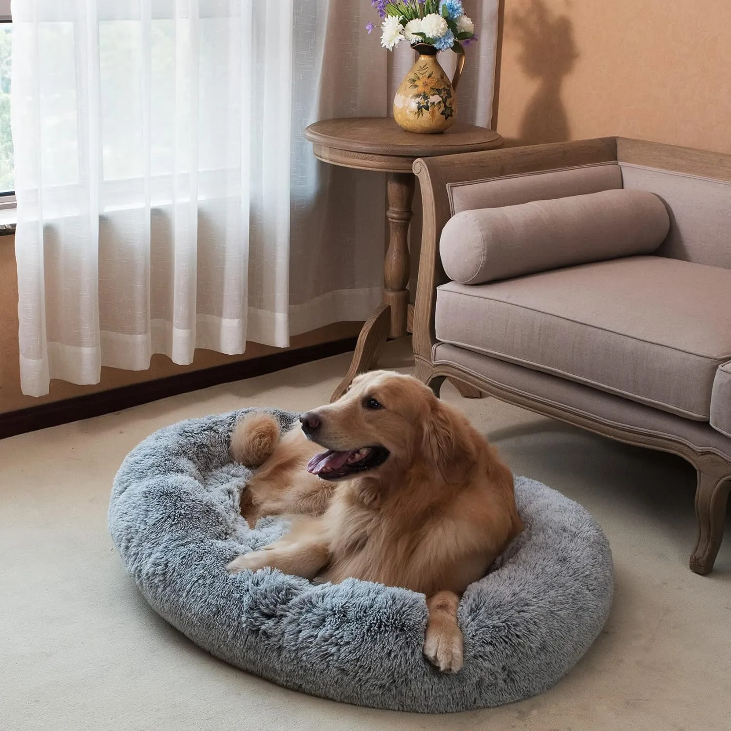 Coohom Oval Calming Donut Cuddler Dog Bed,Shag Faux Fur Cat Bed Washable Round Pillow Pet Bed(30"/36"/43") for Small Medium Dogs (XL(36"x27"x7"), Grey)