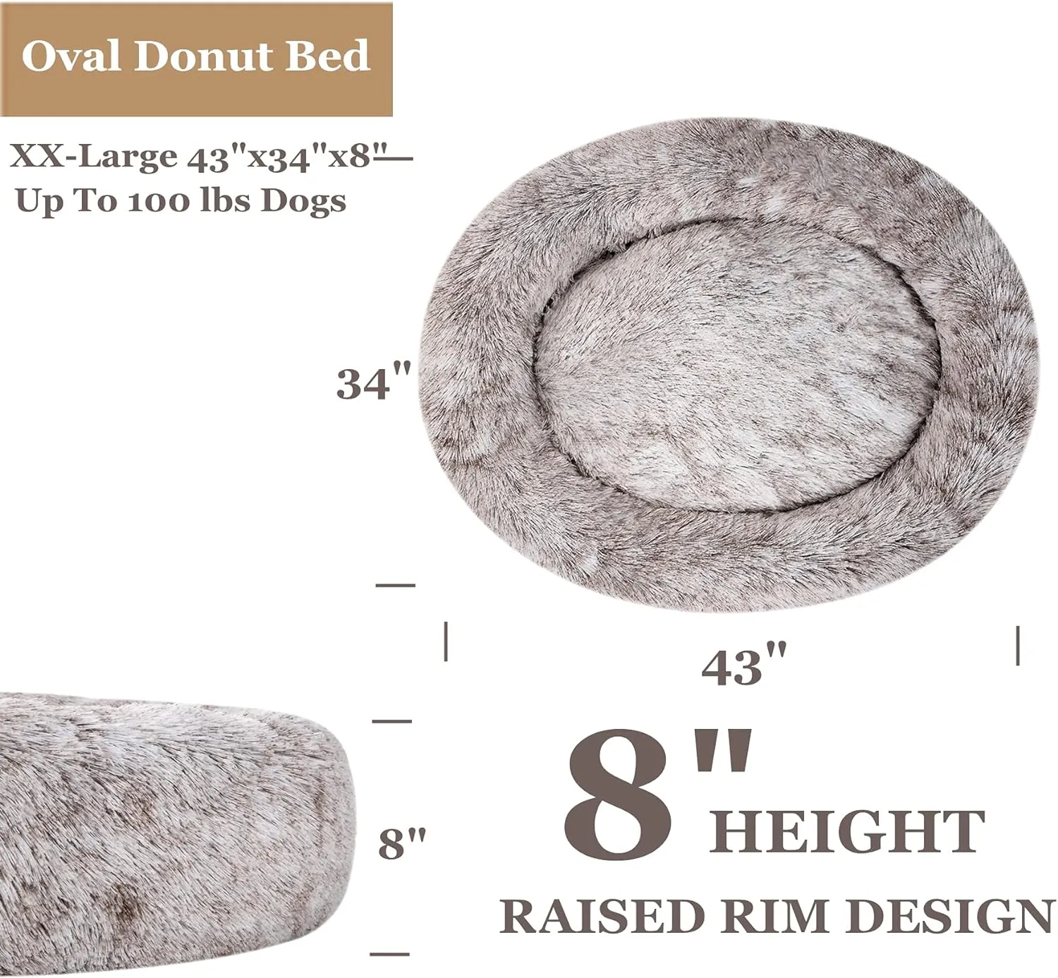 Coohom Oval Calming Donut Cuddler Dog Bed,Shag Faux Fur Cat Bed Washable Round Pillow Pet Bed(30"/36"/43") for Small Medium Dogs (XXL(43"x34"x8"), Light Brown)