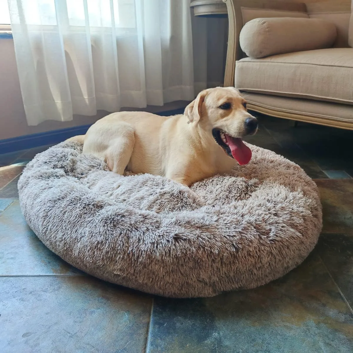 Coohom Oval Calming Donut Cuddler Dog Bed,Shag Faux Fur Cat Bed Washable Round Pillow Pet Bed(30"/36"/43") for Small Medium Dogs (XXL(43"x34"x8"), Light Brown)