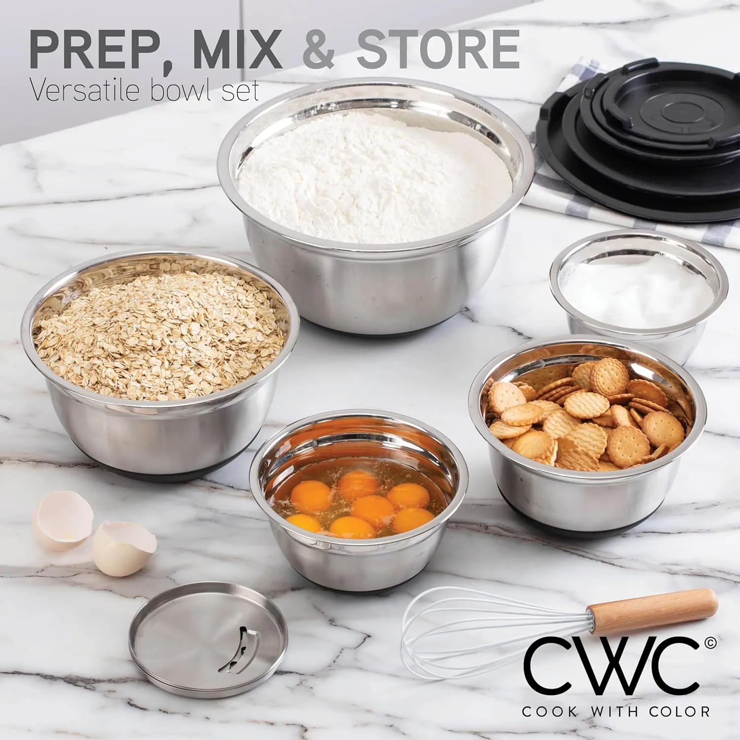 COOK WITH COLOR Stainless Steel Mixing Bowls Set with Lids - Nesting Bowls with Non-Slip Bottom, Silver, 14 Pieces