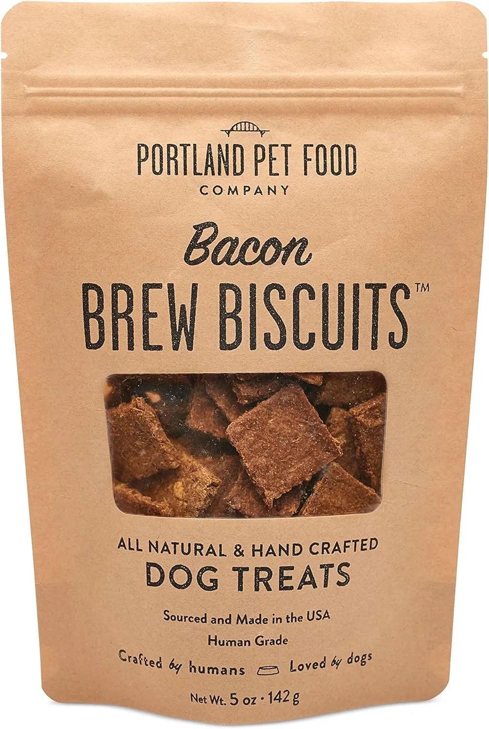 CRAFTED BY HUMANS LOVED BY DOGS Portland Pet Food Company Bacon Brew Biscuit Dog Treats (1 Pack, 5 oz Bag)  All Natural, Human-Grade, USA-Sourced and Made