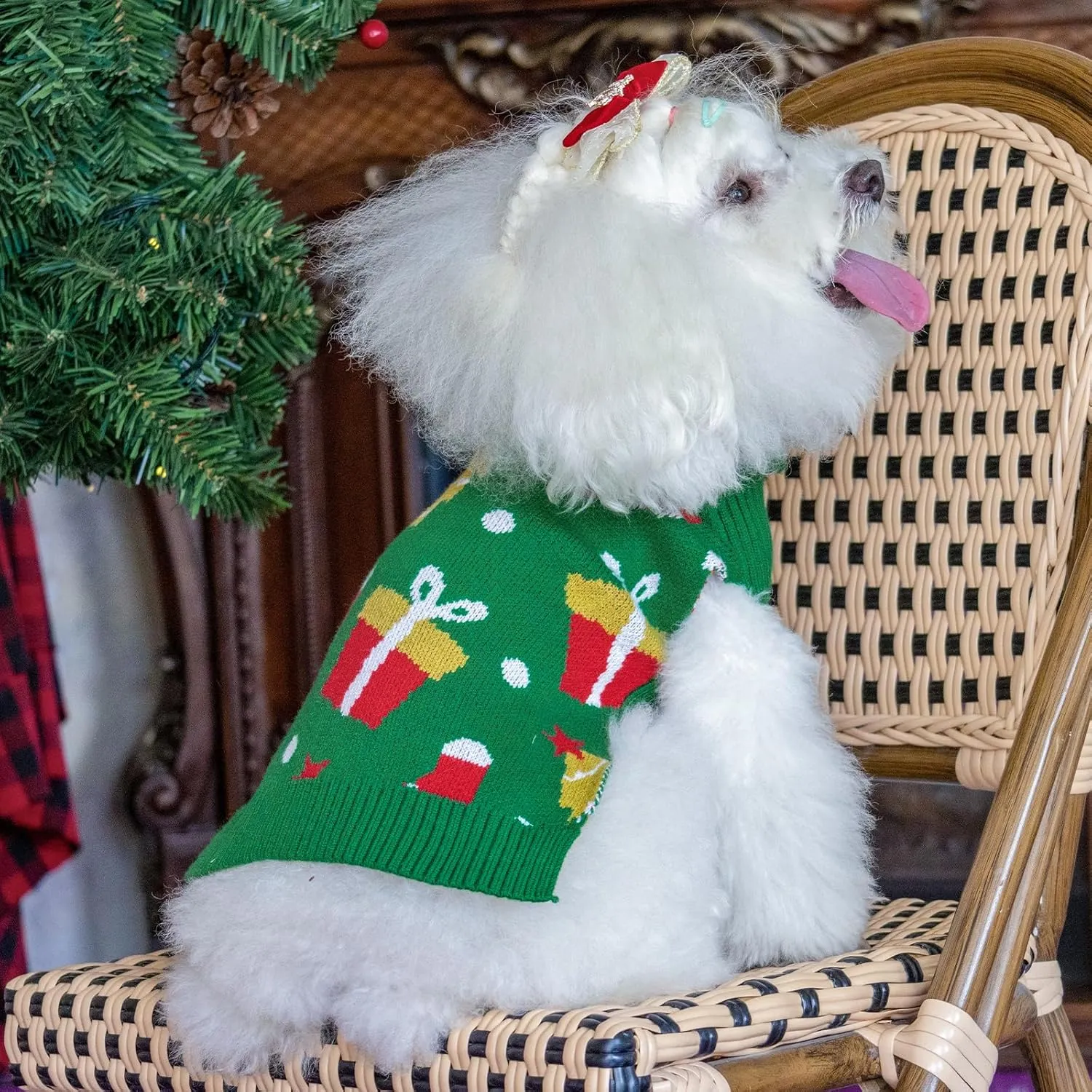 CuteBone Christmas Green Dog Sweater for Small Medium Dogs Tree Knit Puppy Sweater Turtleneck Pet Winter Clothes Cat Apparel with Harness Hole