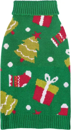 CuteBone Christmas Green Dog Sweater for Small Medium Dogs Tree Knit Puppy Sweater Turtleneck Pet Winter Clothes Cat Apparel with Harness Hole