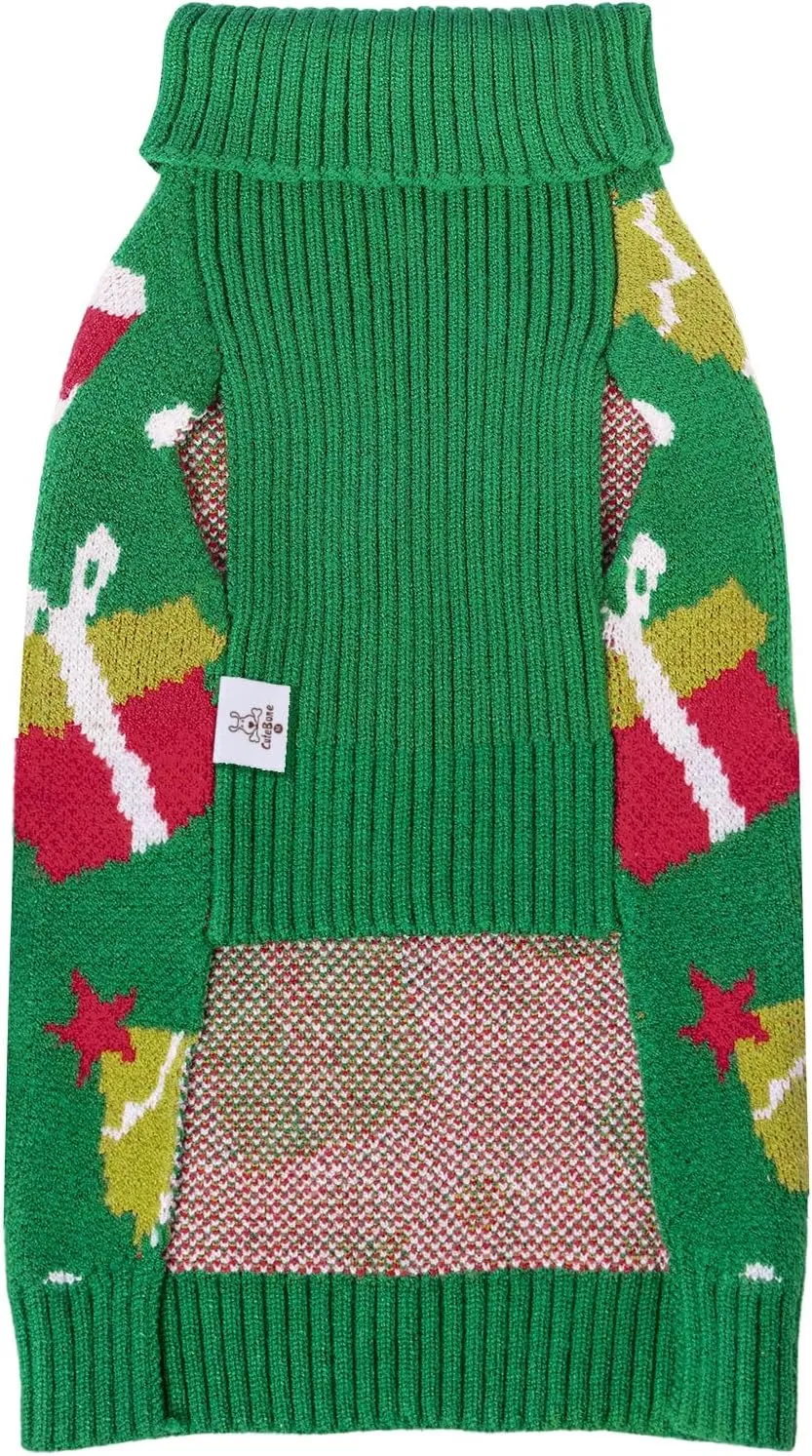 CuteBone Christmas Green Dog Sweater for Small Medium Dogs Tree Knit Puppy Sweater Turtleneck Pet Winter Clothes Cat Apparel with Harness Hole