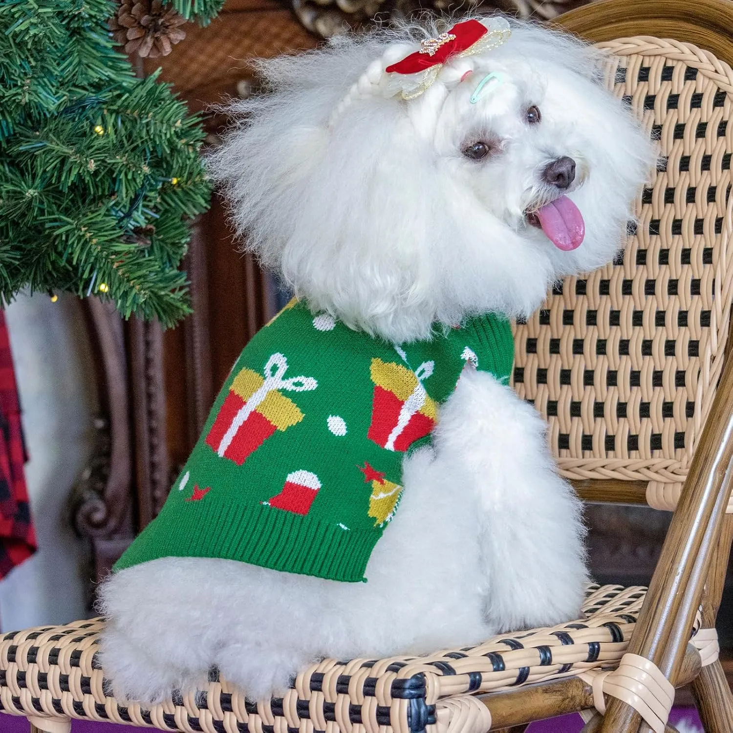 CuteBone Christmas Green Dog Sweater for Small Medium Dogs Tree Knit Puppy Sweater Turtleneck Pet Winter Clothes Cat Apparel with Harness Hole