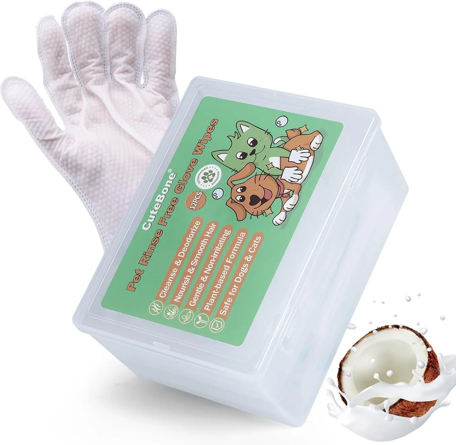 CuteBone Pet Glove Wipes - Dual-Sided Grooming Gloves with Wipes, Gentle and Effective Cleaning for Dogs, Removes Dirt, Fur, and Dander, Convenient and Mess-Free Grooming Solution, 12 Count