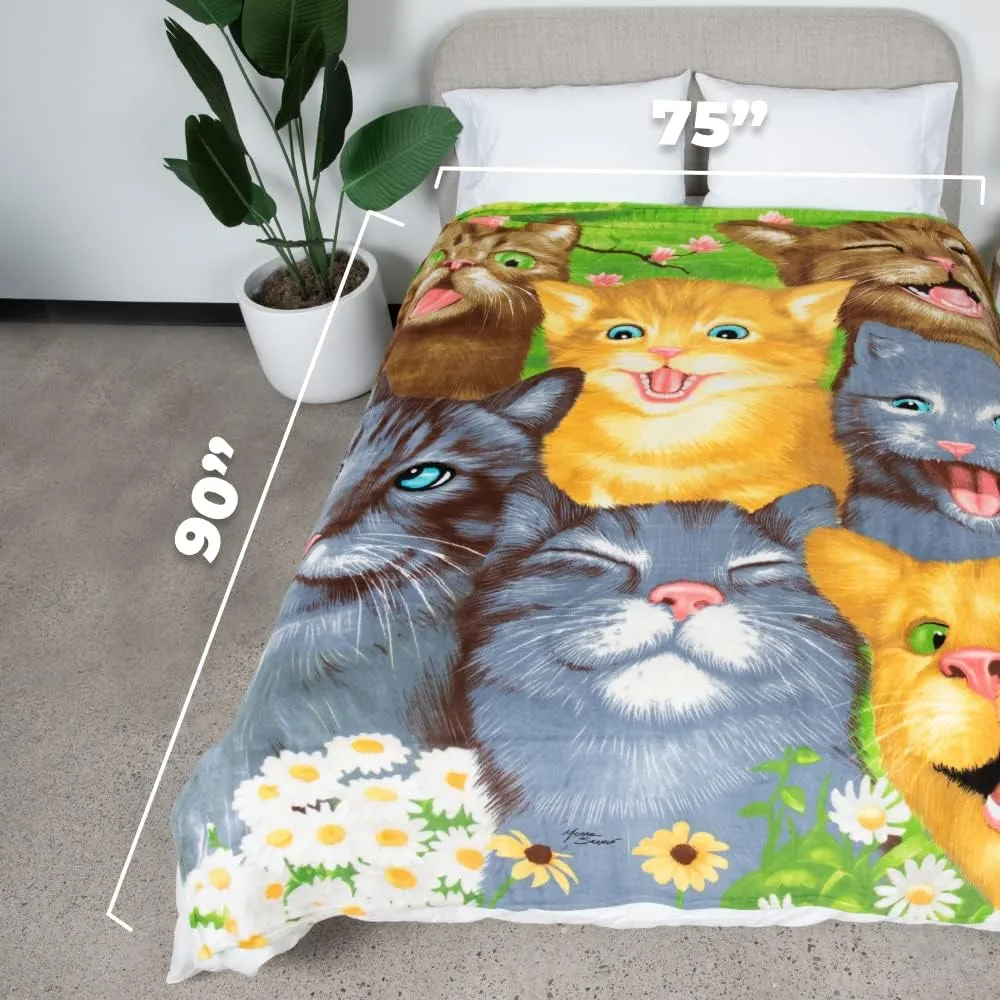 Dawhud Direct Cartoon Selfie Cat Fleece Blanket for Bed, 75" x 90" Queen Size Kitten Fleece Throw Blanket for Women, Men and Kids - Super Soft Plush Cat Blanket Throw