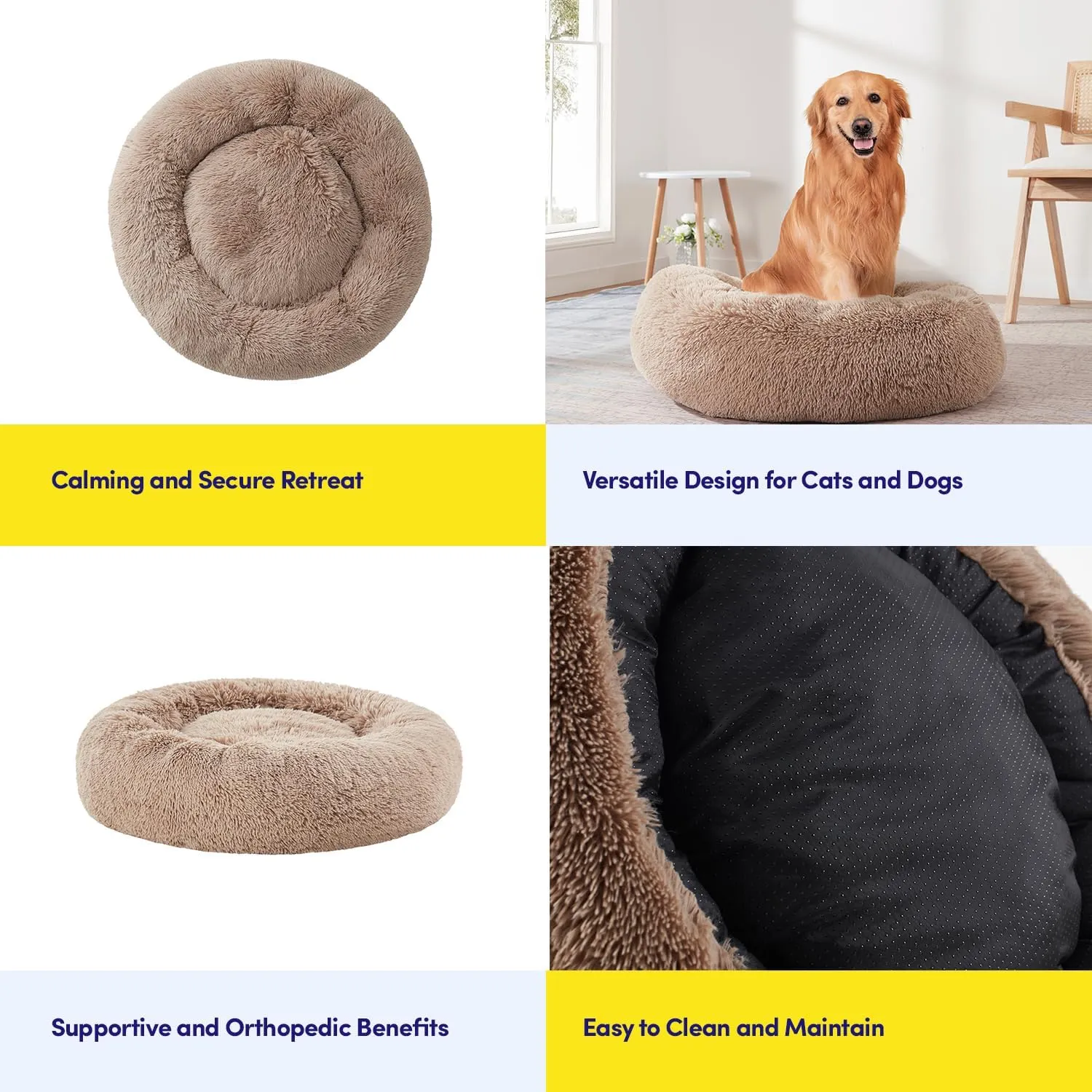 Dog & Cat Bed: Round Faux Fur Pet Bed - Plush, Cozy, & Calming Donut Bed for Medium Pets - Soft & Comfortable Sleeping Cushion for Napping & Lounging, 23" Round, Taupe