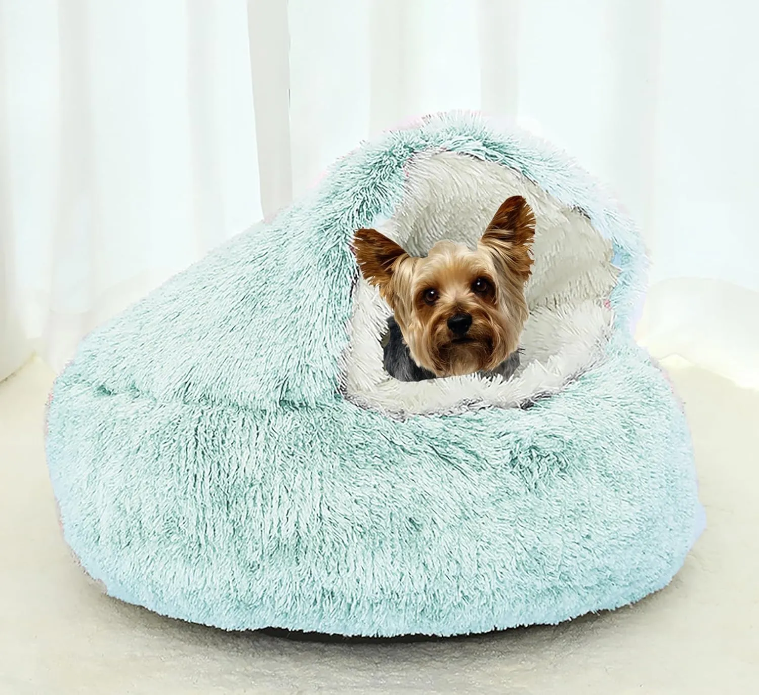 Dog Cave Bed for Small Dogs Cats Pets, Anti Anxiety Calming Plush Dog Beds, Fluffy Covered Hooded Cozy Burrow Puppy Beds, Anti-Slip Bottom Washable Pet Sleeping Bag (20" D, Green)