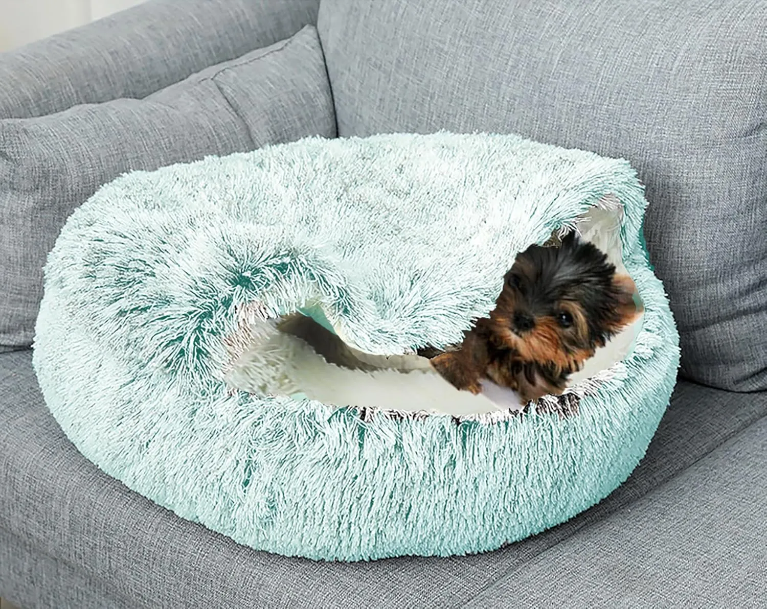Dog Cave Bed for Small Dogs Cats Pets, Anti Anxiety Calming Plush Dog Beds, Fluffy Covered Hooded Cozy Burrow Puppy Beds, Anti-Slip Bottom Washable Pet Sleeping Bag (20" D, Green)