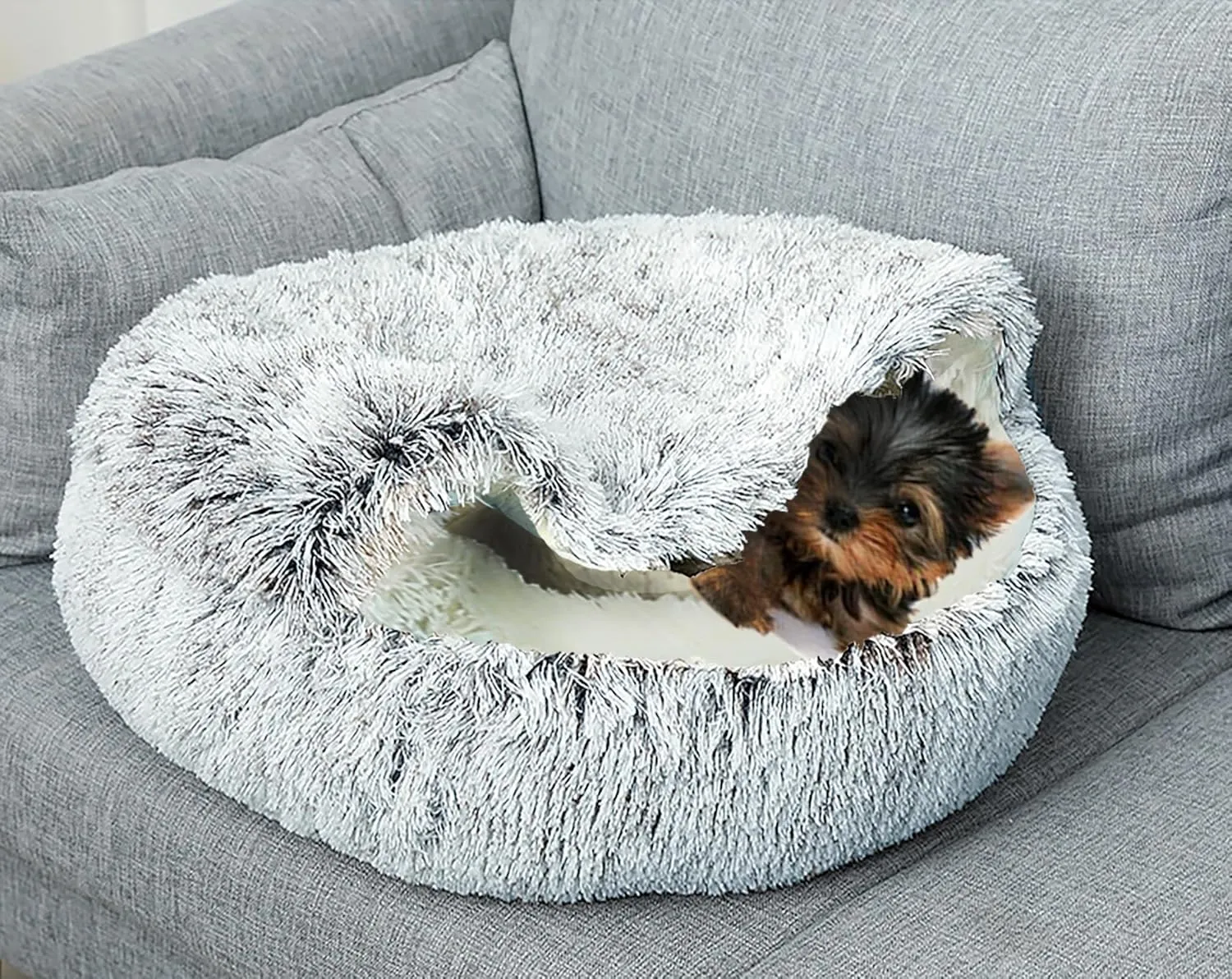 Dog Cave Bed for Small Dogs Cats Pets, Anti Anxiety Calming Plush Dog Beds, Fluffy Covered Hooded Cozy Burrow Puppy Beds, Anti-Slip Bottom Washable Pet Sleeping Bag (20" D, Grey)