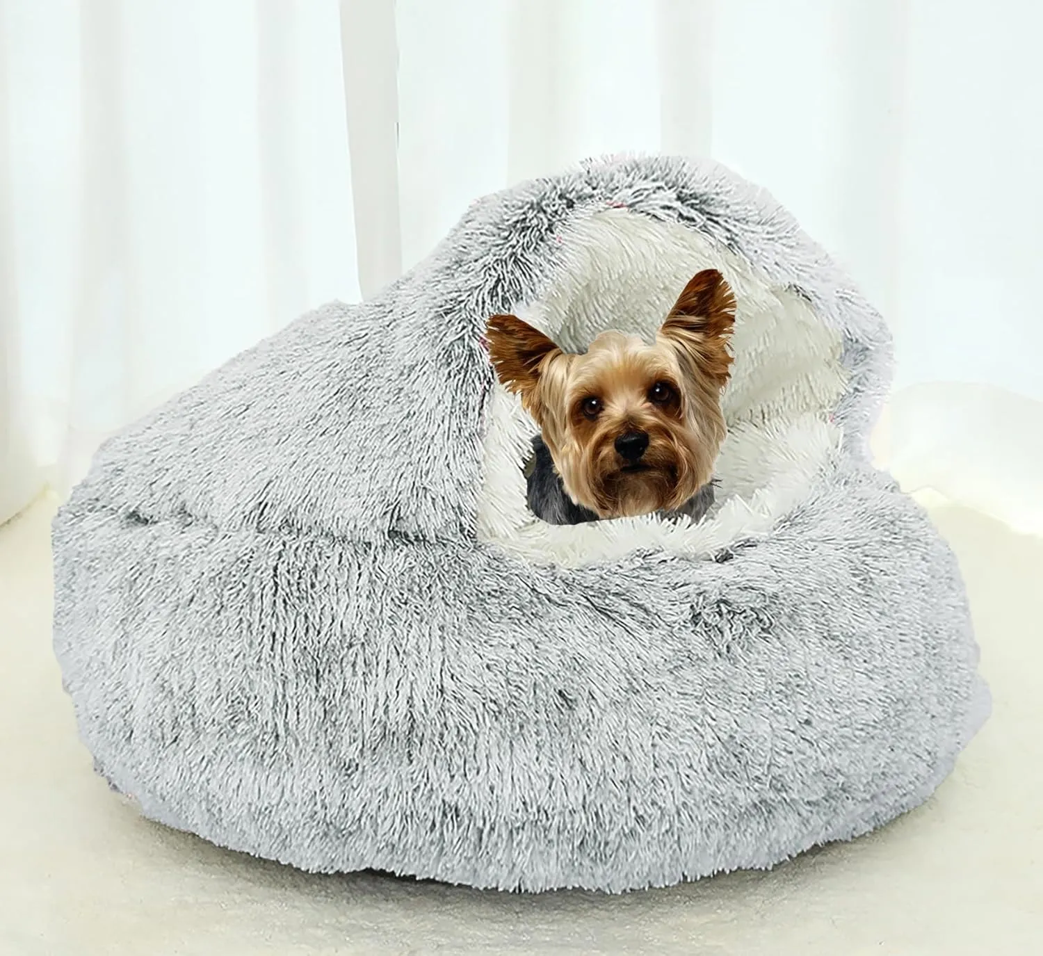 Dog Cave Bed for Small Dogs Cats Pets, Anti Anxiety Calming Plush Dog Beds, Fluffy Covered Hooded Cozy Burrow Puppy Beds, Anti-Slip Bottom Washable Pet Sleeping Bag (20" D, Grey)