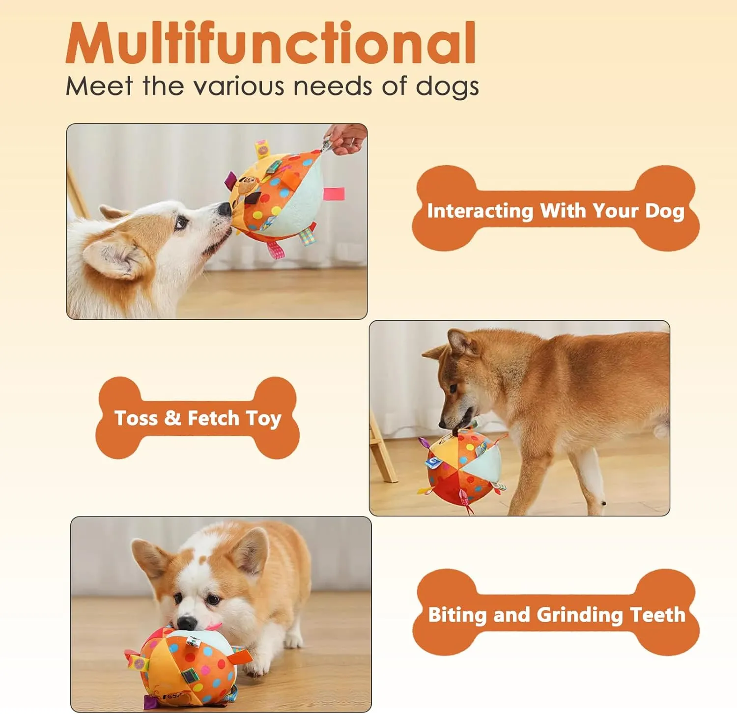 Dog Squeaky Plush Plush Toy with Straps, 6-Inch Soft Stuffed Ball with Cotton Material and Bell Built-in, Pet Interactive Fetch Toy for Small to Large Dog