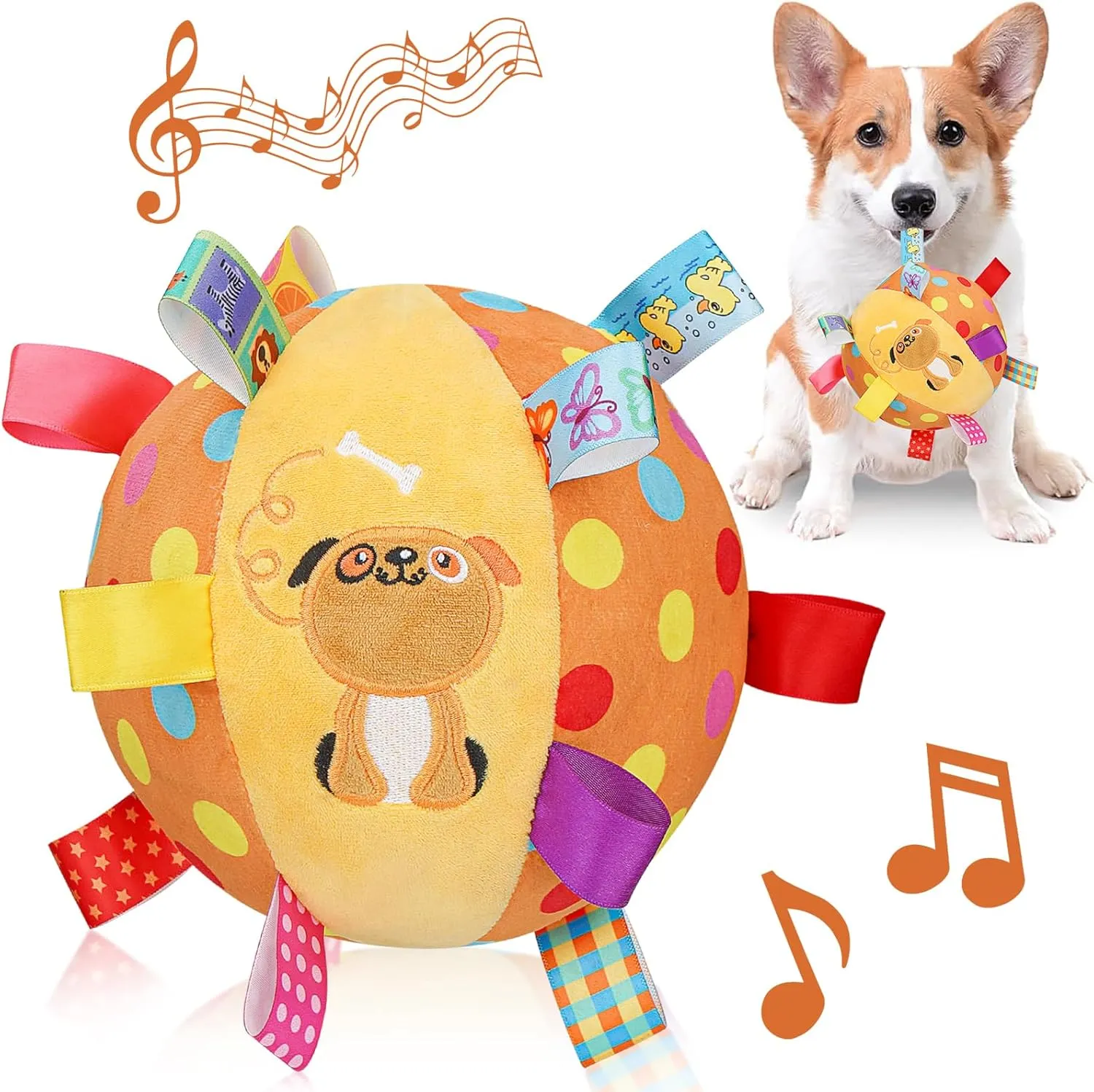 Dog Squeaky Plush Plush Toy with Straps, 6-Inch Soft Stuffed Ball with Cotton Material and Bell Built-in, Pet Interactive Fetch Toy for Small to Large Dog