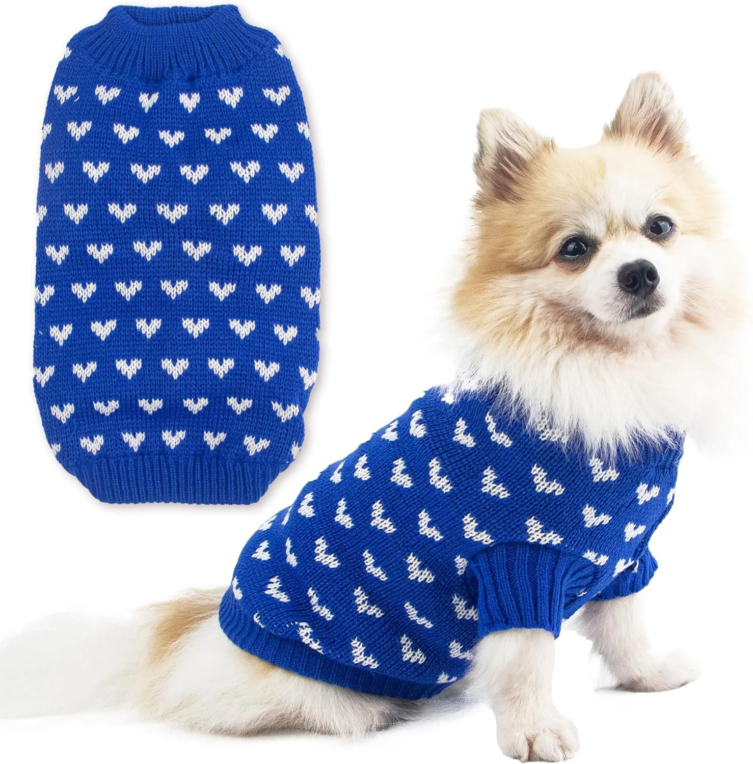 Dog Sweater Heart Puppy Sweater Warm Soft Pet Cloth Dog Outfits for Small Dogs and Cats (Blue, S)