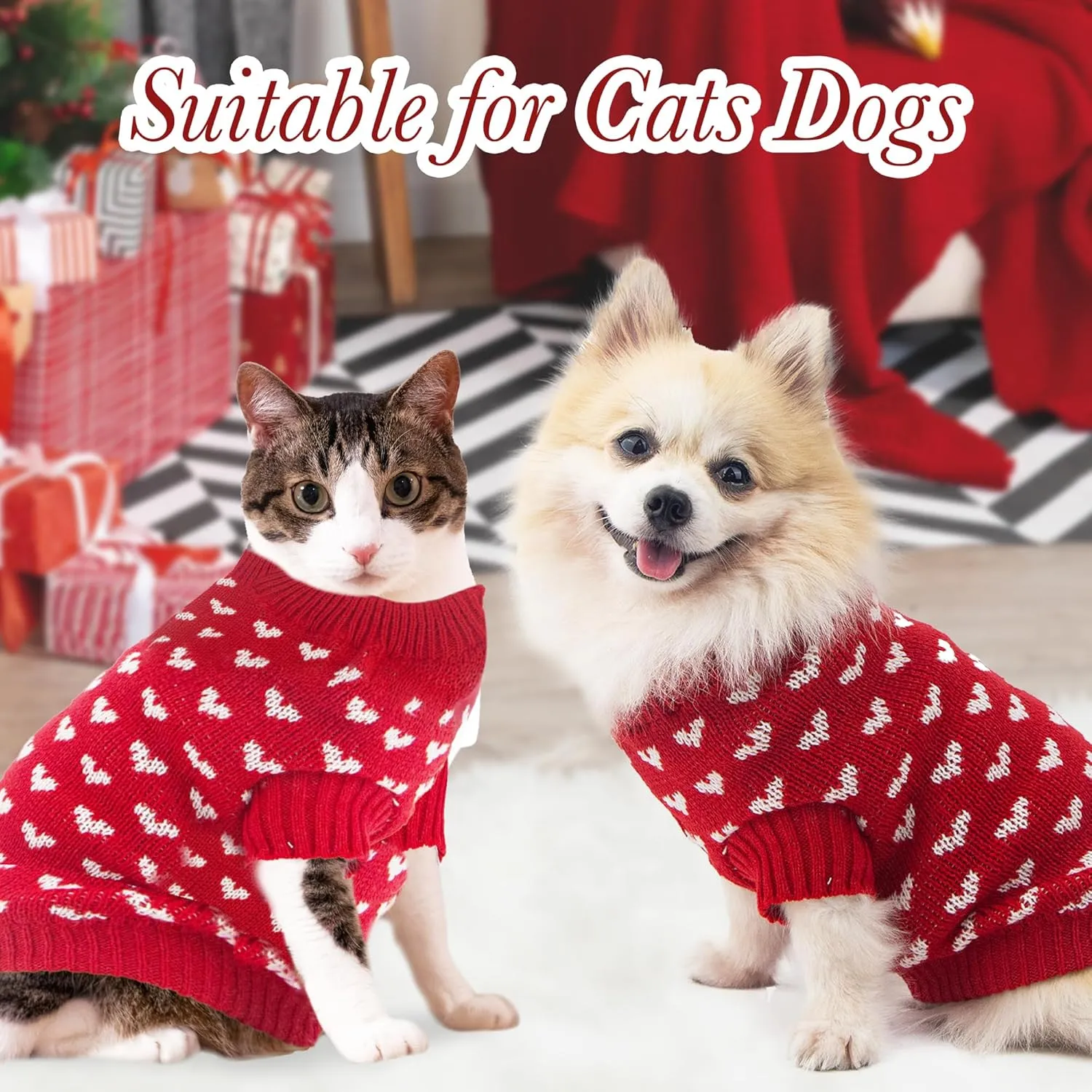 Dog Sweater Heart Puppy Sweater Warm Soft Pet Cloth Dog Outfits for Small Dogs and Cats (Red, S)