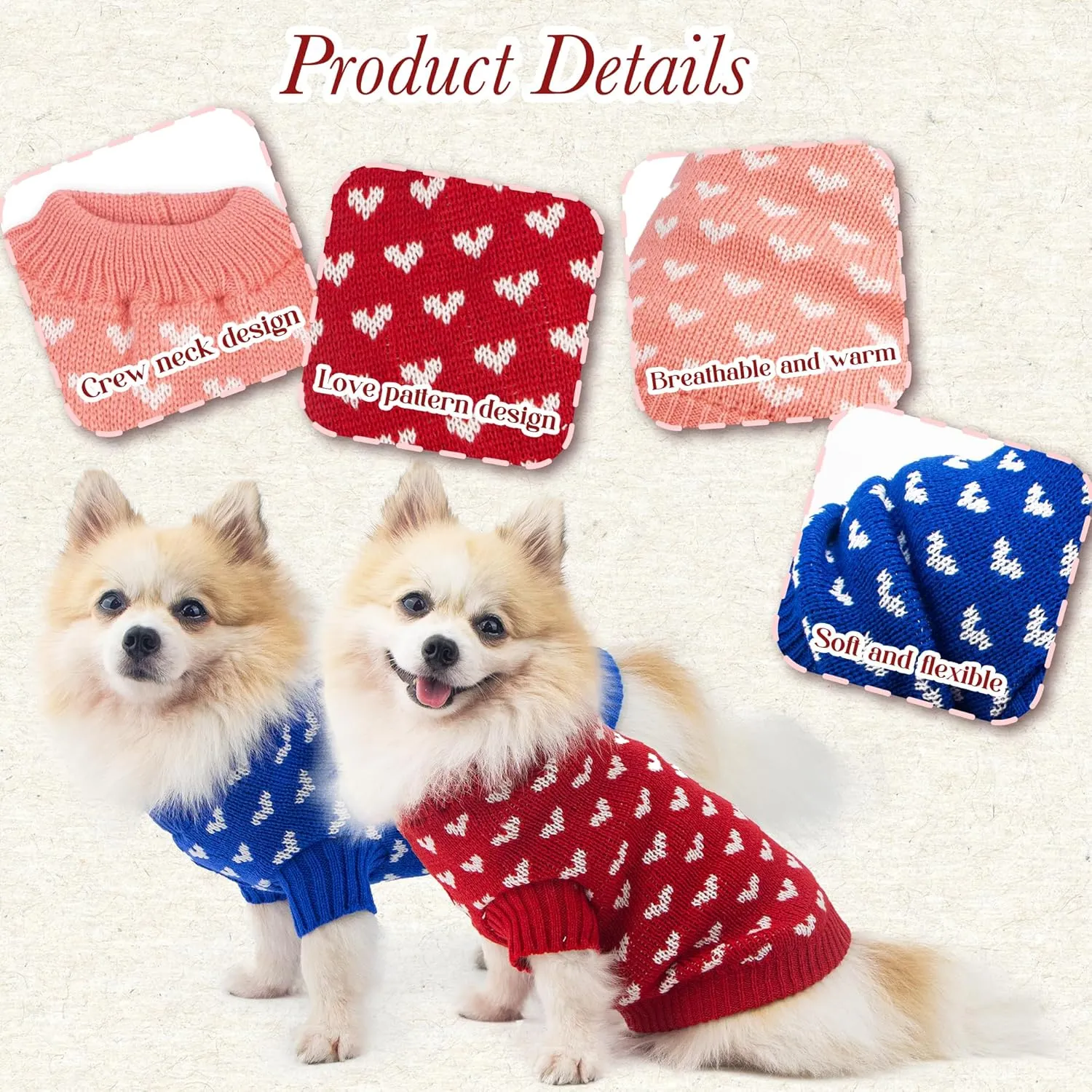 Dog Sweater Heart Puppy Sweater Warm Soft Pet Cloth Dog Outfits for Small Dogs and Cats (Red, S)