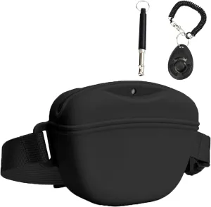 Dog Treat Pouch Kit, Silicone Treat Bag Fanny Pack with Waist Belt Magnetic Closure Pouches for Pet Training Walking, with Dog Clicker and Silent Whistle(Black)
