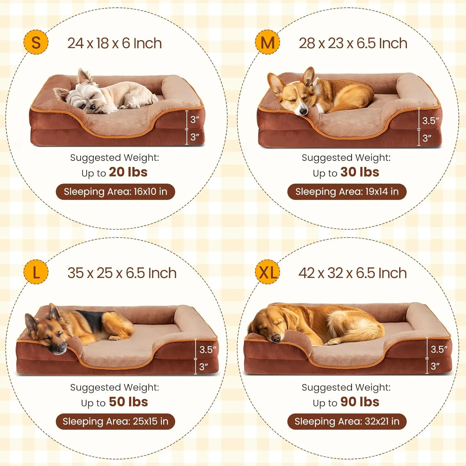 DUMOS Orthopedic Dog Bed for Medium Size Dogs, Supportive Memory Foam Dog Sofa with Washable Removable Cover Non-Slip Base Waterproof Pet Couch Bed, Brown, 28" L x 23" W x 6.5" Th