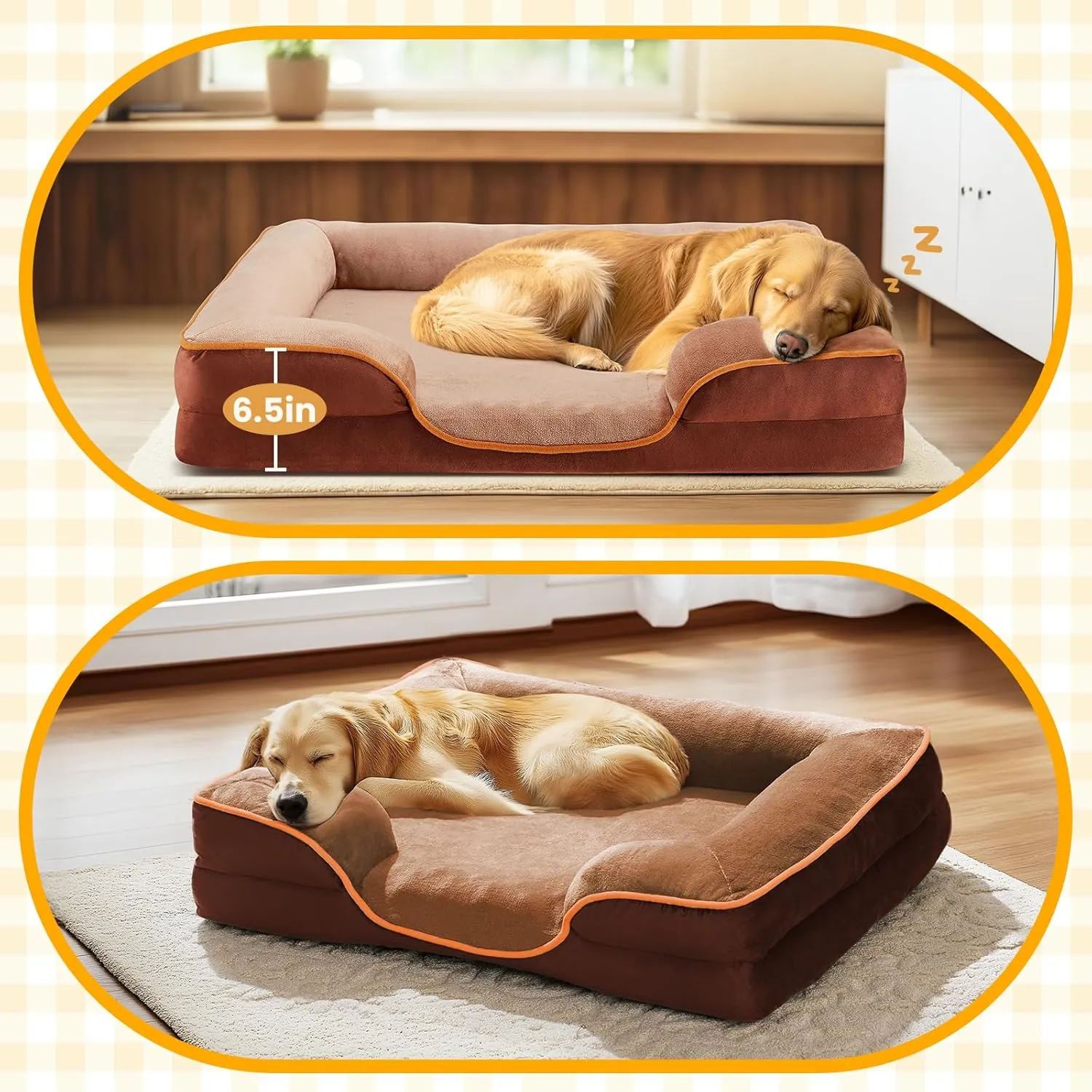 DUMOS Orthopedic Dog Bed for Medium Size Dogs, Supportive Memory Foam Dog Sofa with Washable Removable Cover Non-Slip Base Waterproof Pet Couch Bed, Brown, 28" L x 23" W x 6.5" Th