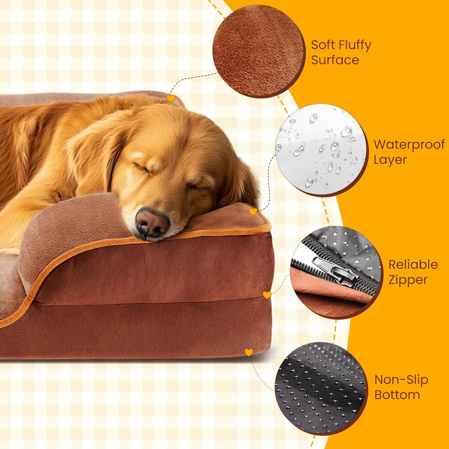 DUMOS Orthopedic Dog Bed for Medium Size Dogs, Supportive Memory Foam Dog Sofa with Washable Removable Cover Non-Slip Base Waterproof Pet Couch Bed, Brown, 28" L x 23" W x 6.5" Th