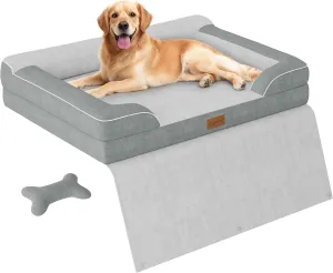 Extra Large Dog Bed - Orthopedic with Cooling Gel Memory Foam, Waterproof XL with Removable Washable Cover, 42" Dog Sofa Couch Dutch Velvet with Blanket Bone Toy, Light Gray