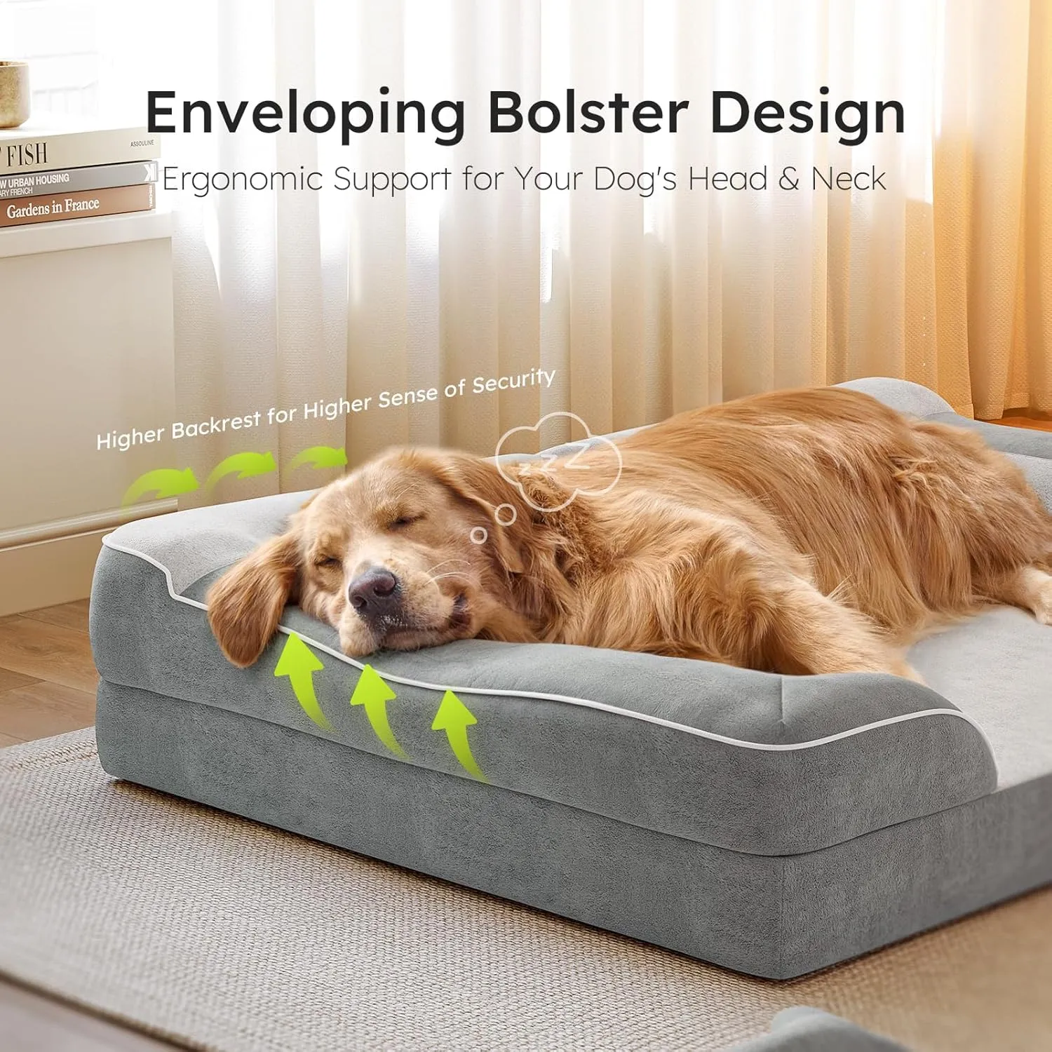 Extra Large Dog Bed - Orthopedic with Cooling Gel Memory Foam, Waterproof XL with Removable Washable Cover, 42" Dog Sofa Couch Dutch Velvet with Blanket Bone Toy, Light Gray