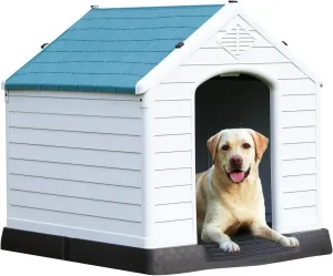 Extra Large Dog House, 32 Inch Outdoor Dog Kennels, Waterproof Pet Shelter, Durable Plastic Puppy Shelter Kennel for Small Medium Large Dogs with Air Vents & Elevated Floor White Blue