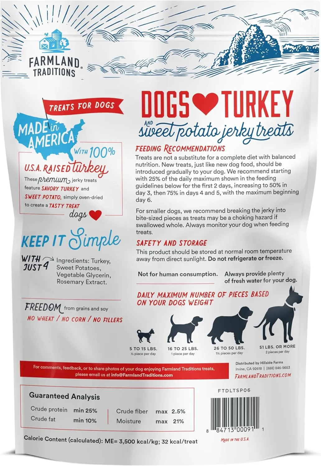 Farmland Traditions Filler Free Dogs Love Turkey & Sweet Potato Premium Jerky Treats for Dogs, 6 oz. Bag