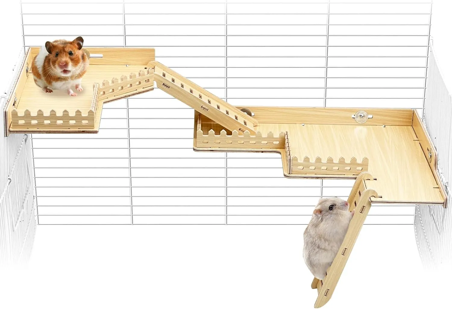 Fhiny Hamster Wooden Platform for Cage, 2-Tier Hanging Gerbil Climbing Platform with Ladder & Fence Hamster Activity Playground Habitat Decor Cage Accessories for Dwarf Hamster Gerbil Mice Rat Mouse