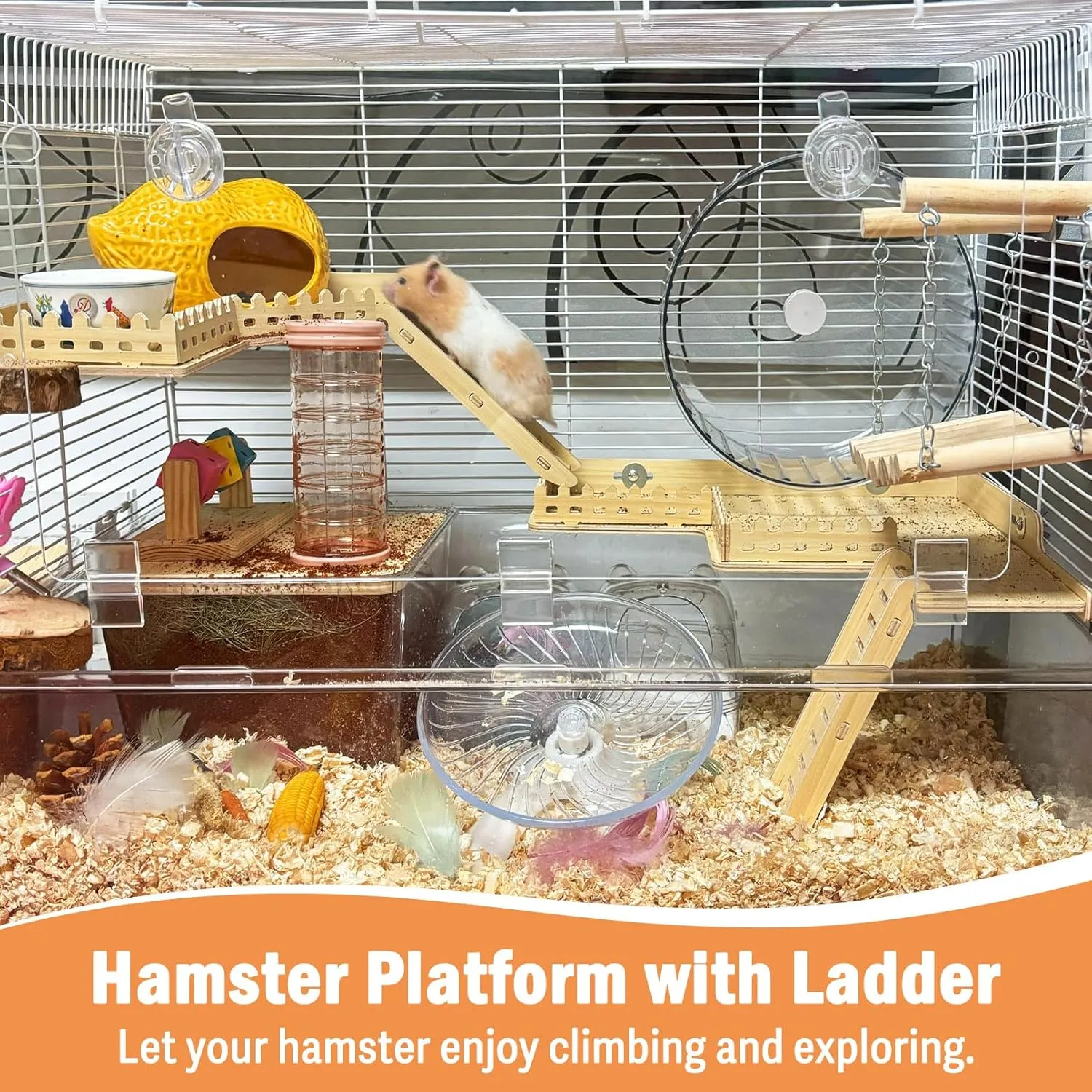 Fhiny Hamster Wooden Platform for Cage, 2-Tier Hanging Gerbil Climbing Platform with Ladder & Fence Hamster Activity Playground Habitat Decor Cage Accessories for Dwarf Hamster Gerbil Mice Rat Mouse
