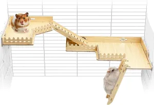 Fhiny Hamster Wooden Platform for Cage, 2-Tier Hanging Gerbil Climbing Platform with Ladder & Fence Hamster Activity Playground Habitat Decor Cage Accessories for Dwarf Hamster Gerbil Mice Rat Mouse