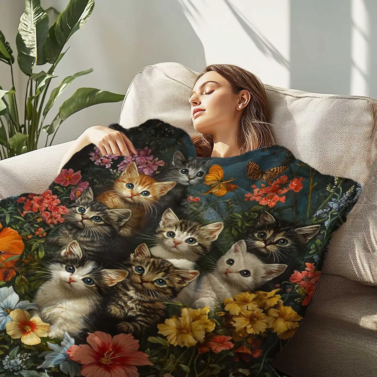 Firmiso Kitten Throw Blanket, Cute Cats with Floral Pattern Blanket, Lightweight Cozy Fleece for Bed, Couch & Travel, Soft Plush Throw Gift for Cat Lovers, 50"x60"