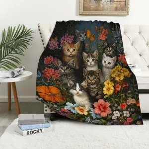 Firmiso Kitten Throw Blanket, Cute Cats with Floral Pattern Blanket, Lightweight Cozy Fleece for Bed, Couch & Travel, Soft Plush Throw Gift for Cat Lovers, 50"x60"