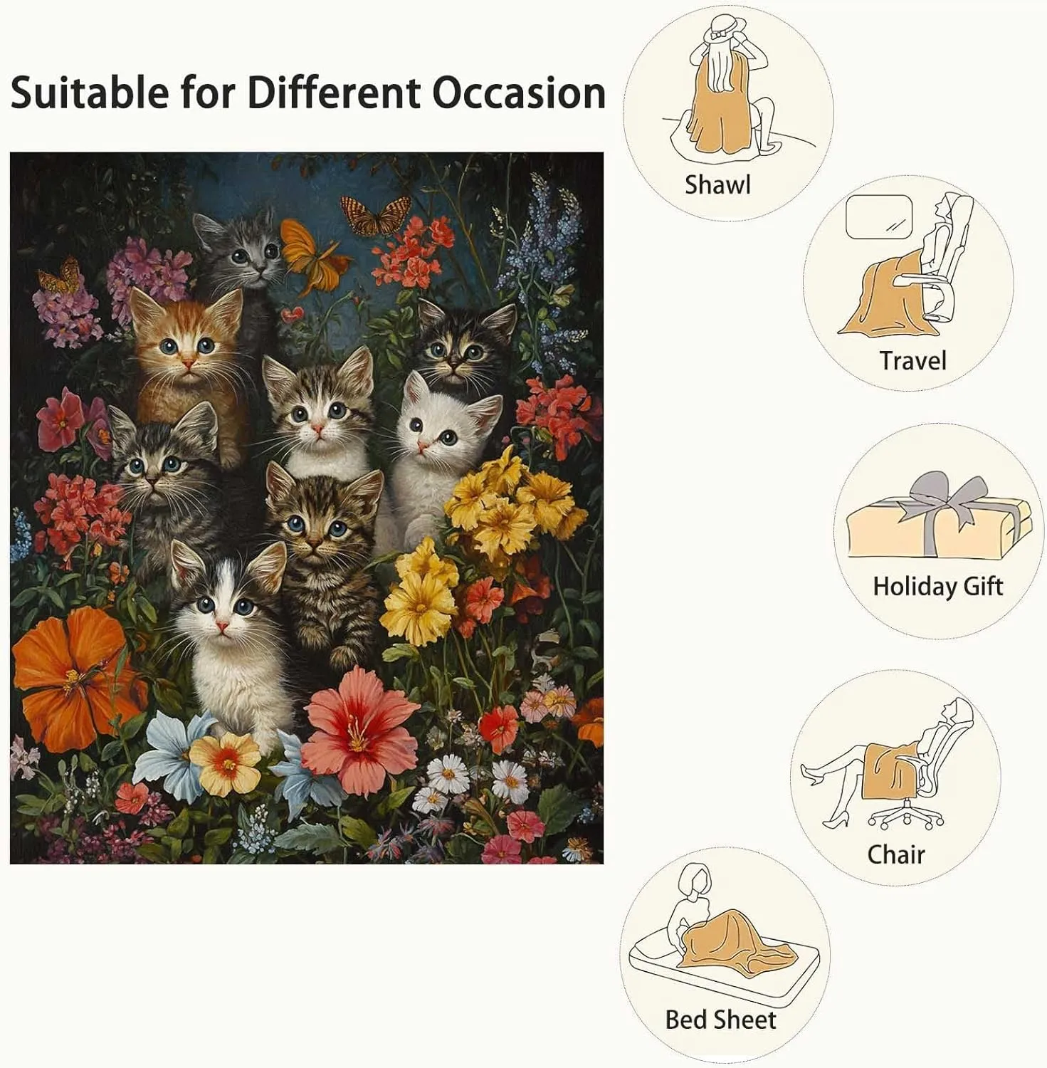 Firmiso Kitten Throw Blanket, Cute Cats with Floral Pattern Blanket, Lightweight Cozy Fleece for Bed, Couch & Travel, Soft Plush Throw Gift for Cat Lovers, 50"x60"