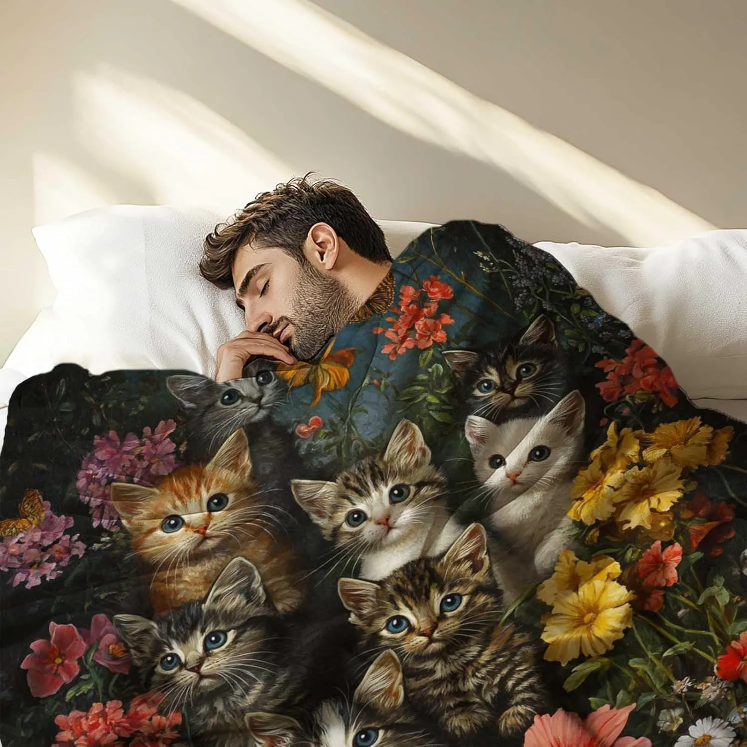 Firmiso Kitten Throw Blanket, Cute Cats with Floral Pattern Blanket, Lightweight Cozy Fleece for Bed, Couch & Travel, Soft Plush Throw Gift for Cat Lovers, 50"x60"