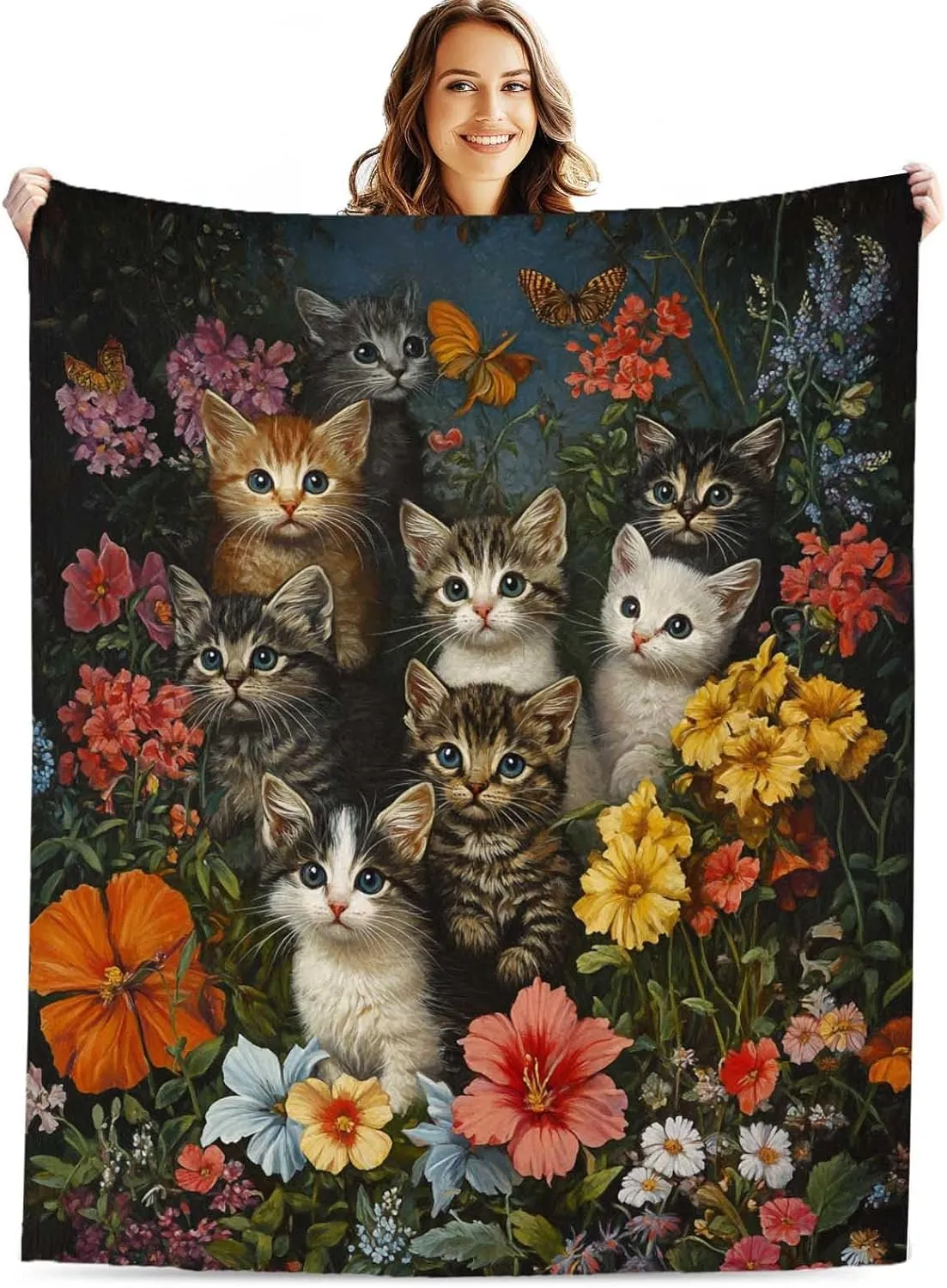 Firmiso Kitten Throw Blanket, Cute Cats with Floral Pattern Blanket, Lightweight Cozy Fleece for Bed, Couch & Travel, Soft Plush Throw Gift for Cat Lovers, 50"x60"