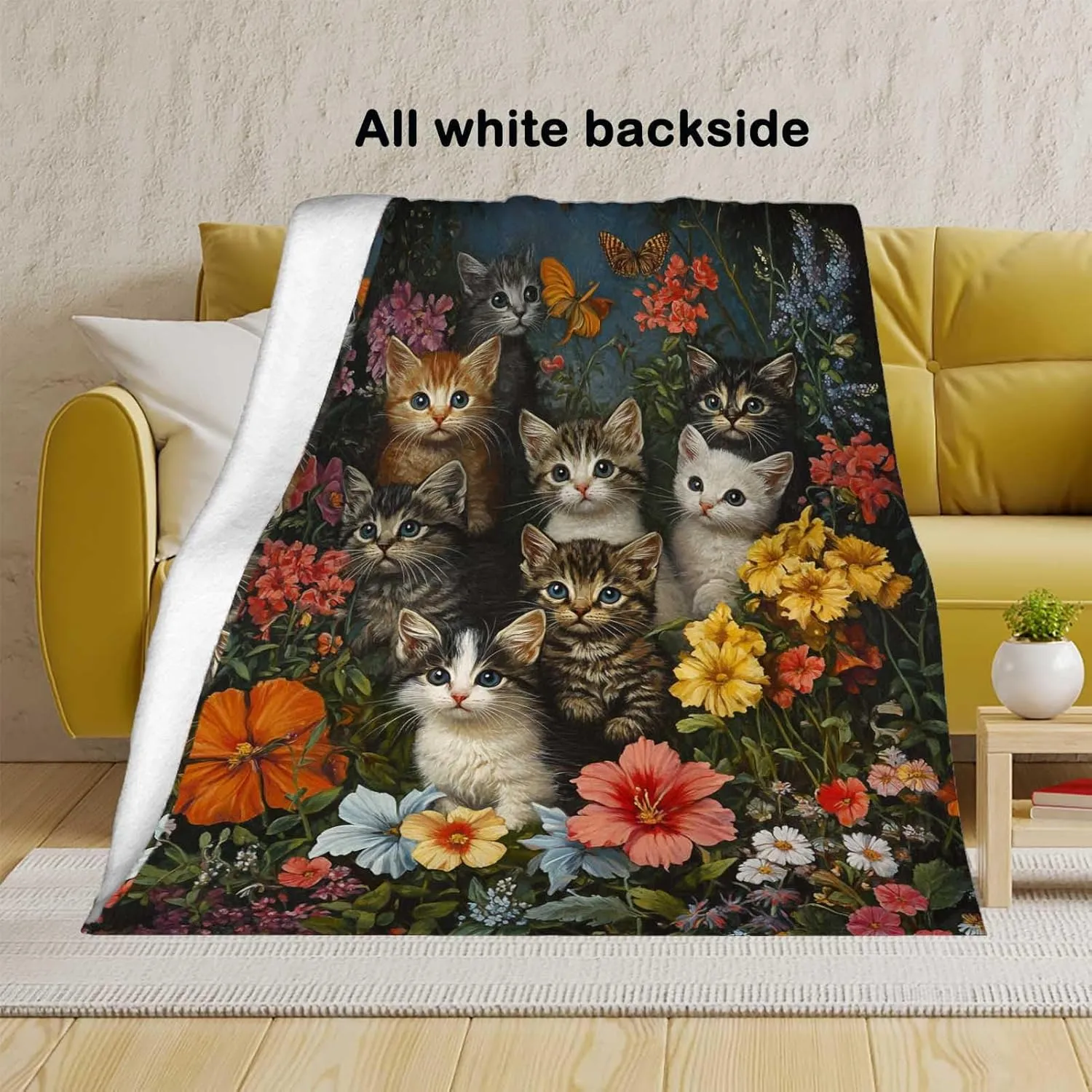 Firmiso Kitten Throw Blanket, Cute Cats with Floral Pattern Blanket, Lightweight Cozy Fleece for Bed, Couch & Travel, Soft Plush Throw Gift for Cat Lovers, 50"x60"