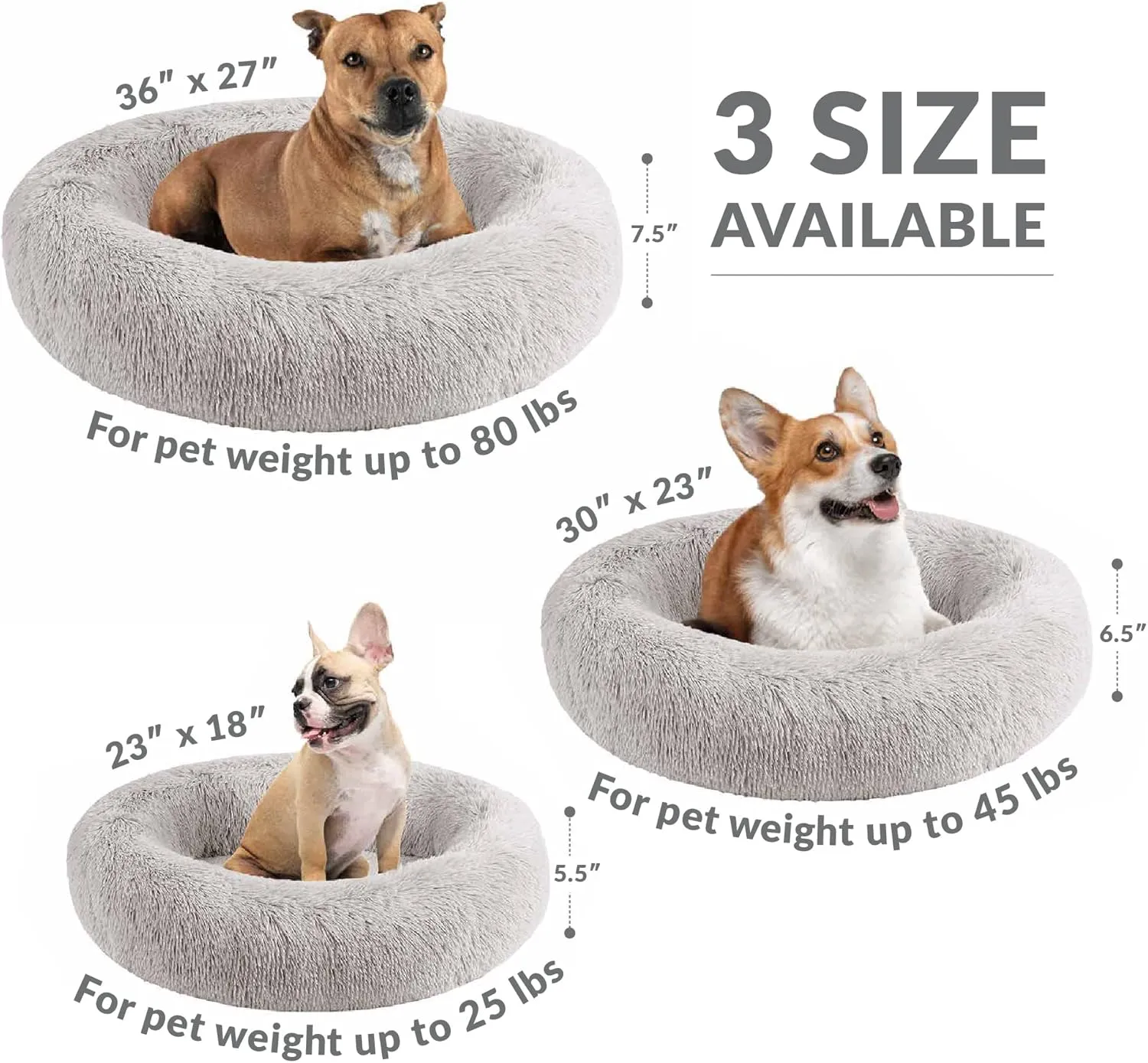 Friends Forever Serena Donut Memory Foam Orthopedic Dog Bed, Soft Faux Fur Oval Cat Couch For Indoor Pet, Fluffy Calming Plush Shag, Round Raised Bolster Cushion, Machine Washable Cuddler, Grey