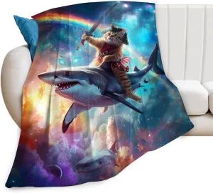 Funny Cat Blanket Fleece Soft Warm Plush Cat Shark Space Galaxy Throw Blanket Lightweight Plush Fuzzy Cozy Cat Kitten Blanket for Boys Girls Kids Adult Suitable for Couch Sofa Bed 50"X40"