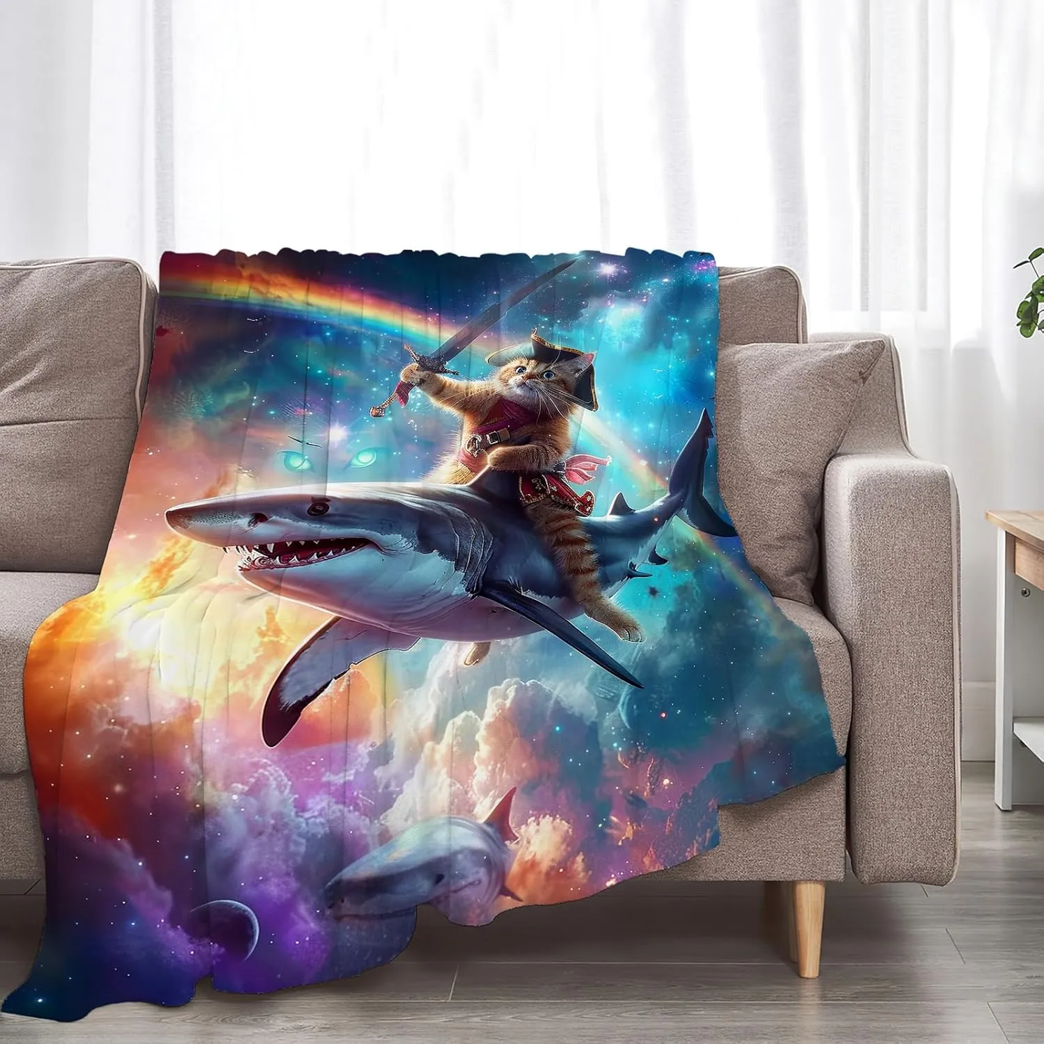 Funny Cat Blanket Fleece Soft Warm Plush Cat Shark Space Galaxy Throw Blanket Lightweight Plush Fuzzy Cozy Cat Kitten Blanket for Boys Girls Kids Adult Suitable for Couch Sofa Bed 50"X40"