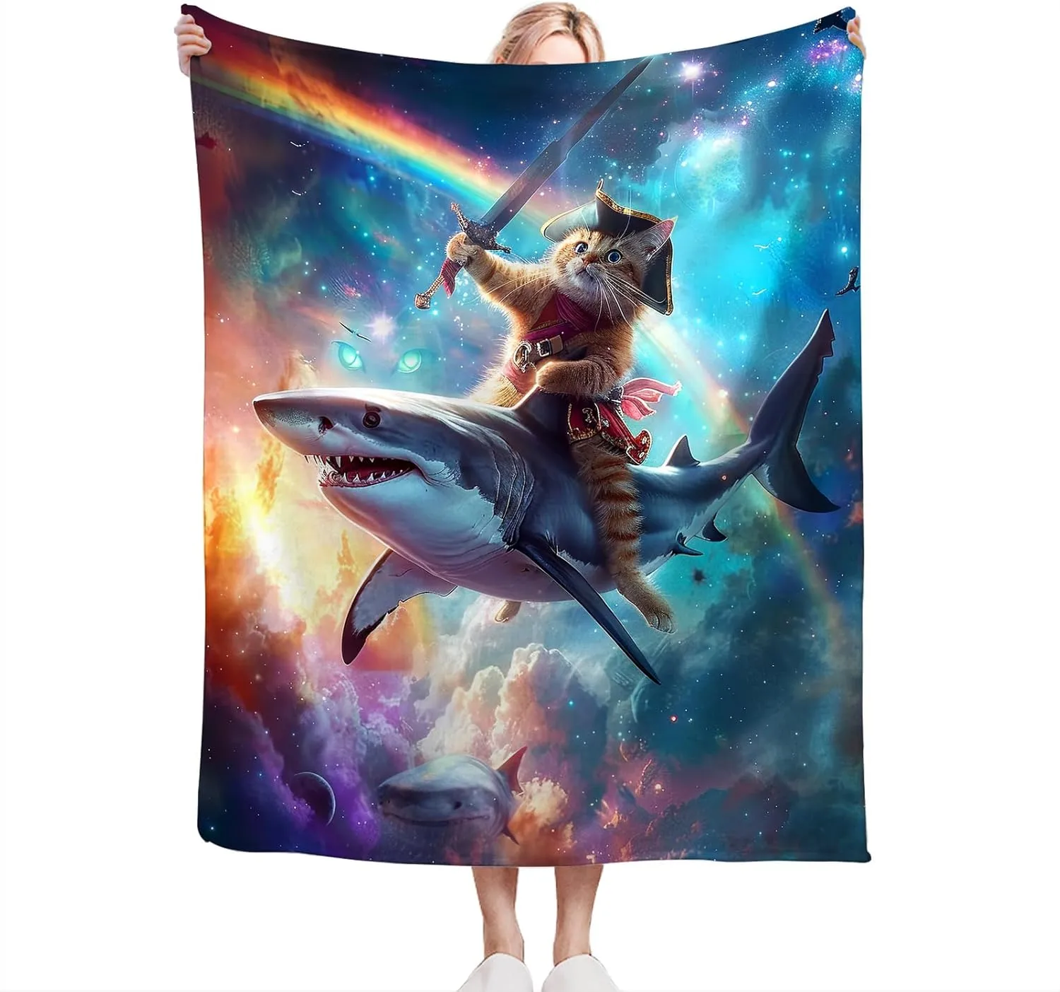 Funny Cat Blanket Fleece Soft Warm Plush Cat Shark Space Galaxy Throw Blanket Lightweight Plush Fuzzy Cozy Cat Kitten Blanket for Boys Girls Kids Adult Suitable for Couch Sofa Bed 50"X40"