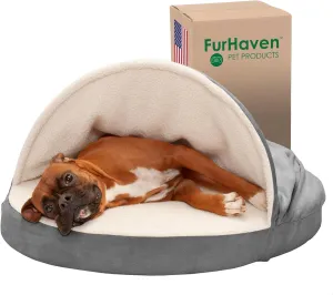 Furhaven 35" Round Memory Foam Dog Bed for Large/Medium Dogs w/ Removable Washable Cover, For Dogs Up to 50 lbs - Sherpa & Suede Snuggery - Gray, 35-inch