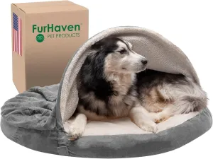 Furhaven 44" Round Memory Foam Dog Bed for Large Dogs w/ Removable Washable Cover, For Dogs Up to 80 lbs - Sherpa & Suede Snuggery - Gray, 44-inch